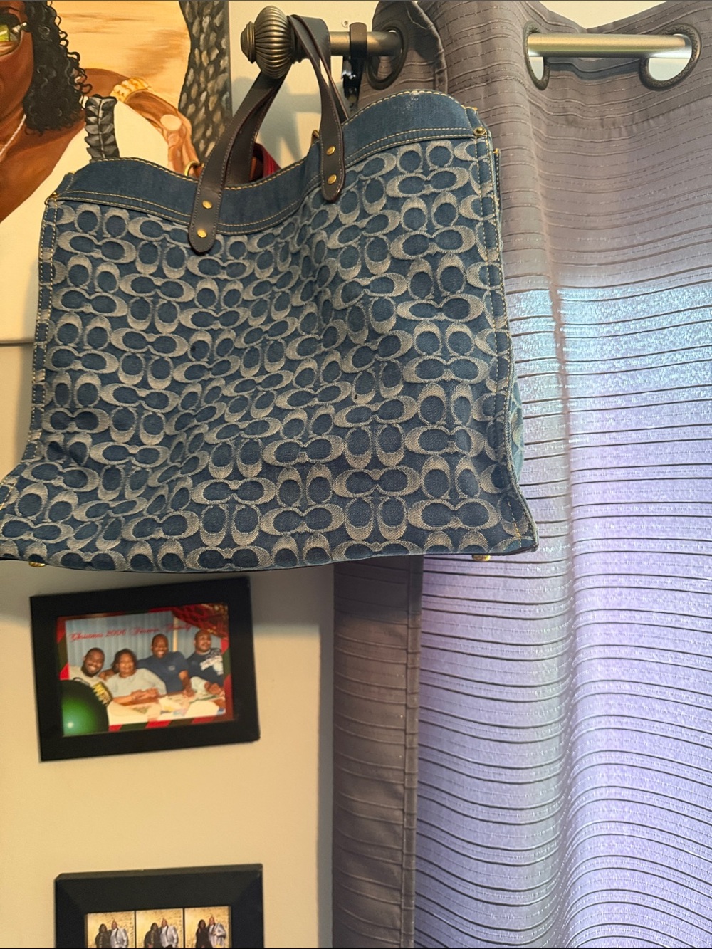 Coach Blue Denim Signature Tote with Red Strap Accent